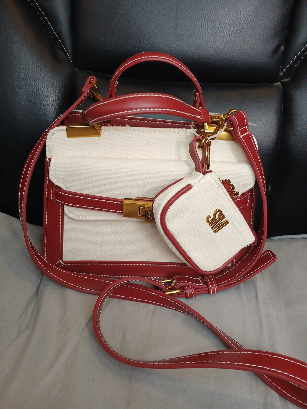 Steve Madden Burgundy/Cream Satchel with Matching Coin Pouch